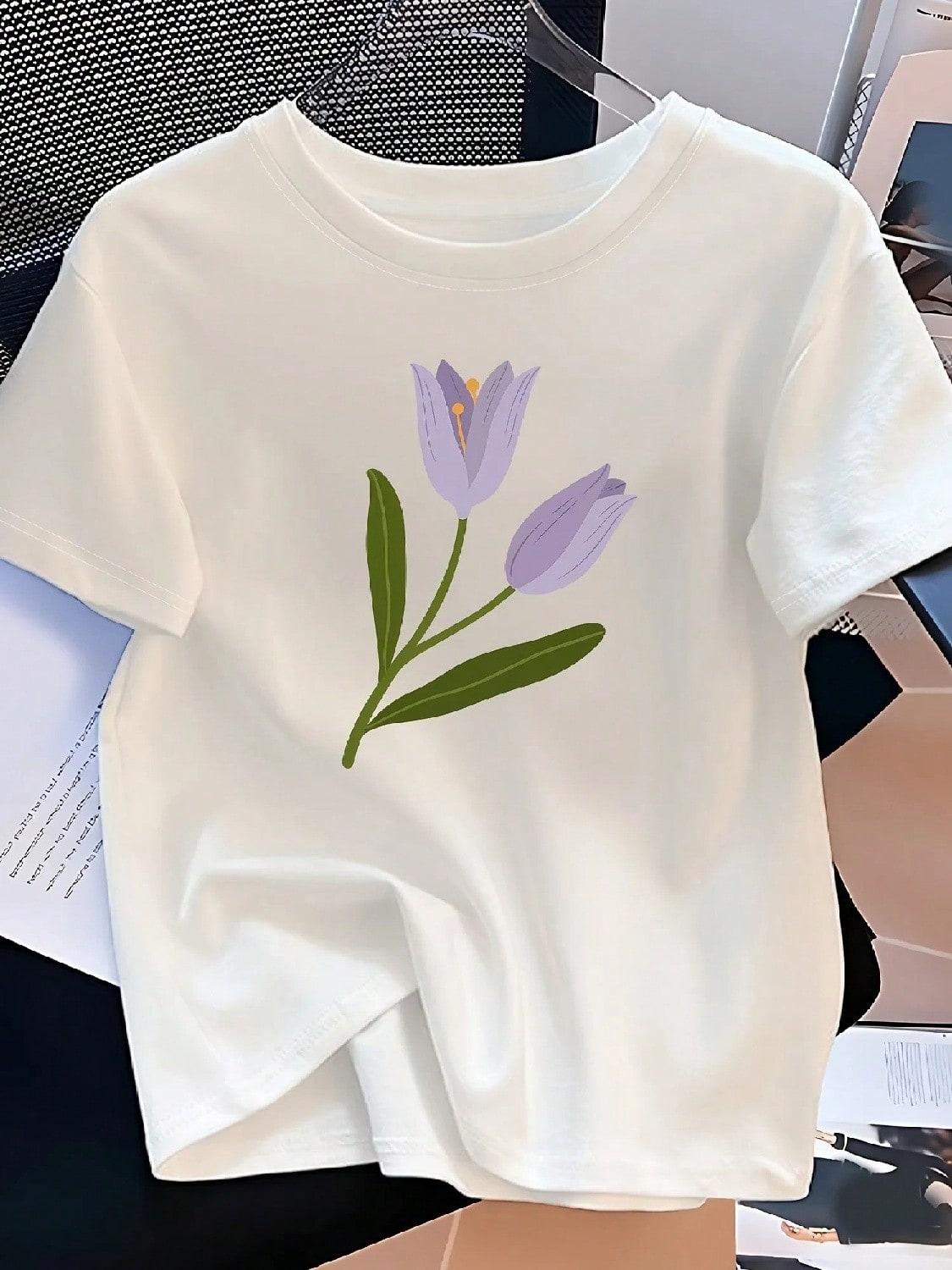 Wounisex s Casual Crew Neck T-Shirt With A Vibrant Tulip Print S разноцветный