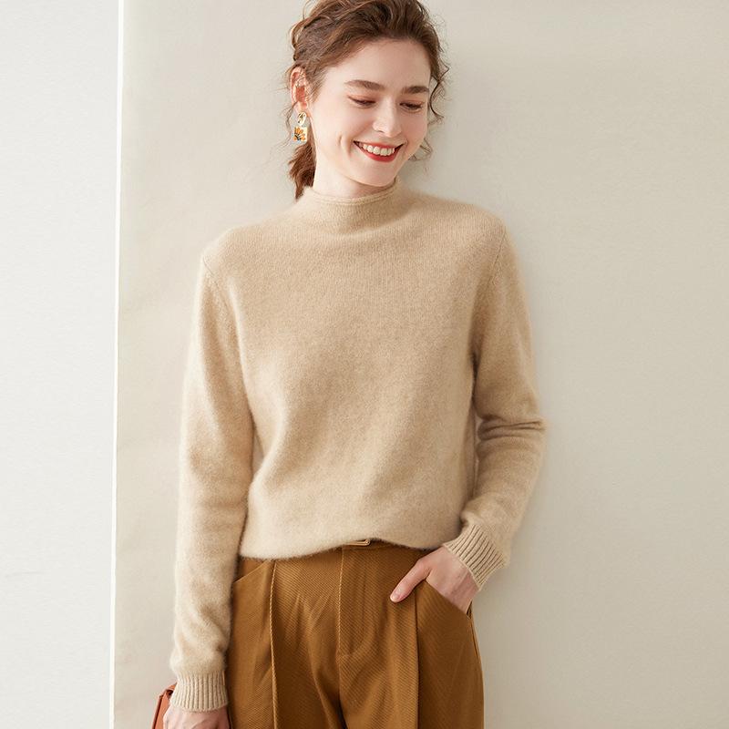 Women's Cloud-Like Cashmere Pullover Sweater - Rolled Hem, Thick, Double-Strand Knit, Half-High Neck