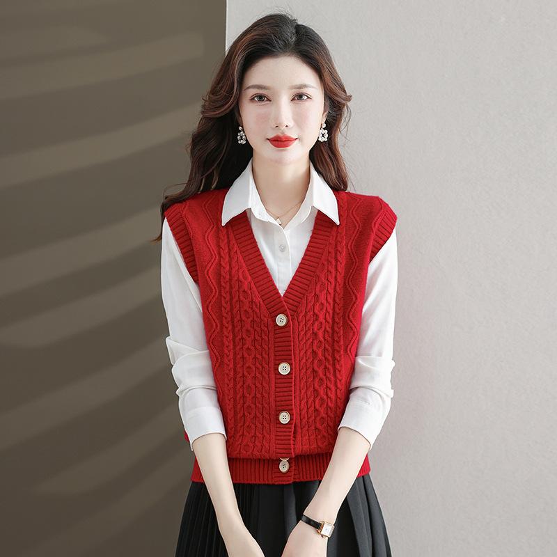 Dámská elegantní polyesterová pletená vesta | Svetrová vesta s copánkovým vzorem a výstřihem do V | Jednobarevné pletené oblečení bez rukávů | Módní top pro vrstvení na podzim/zimu