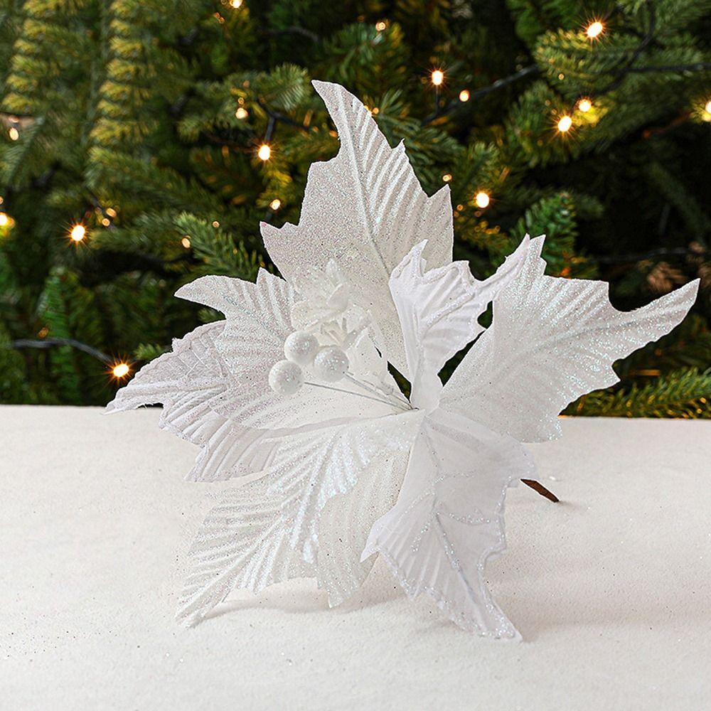 2pcs 26cm Christmas Glitter Flower DIY Simulation Artificial Poinsettia Flower Festival Hanging Christmas Tree Decorations