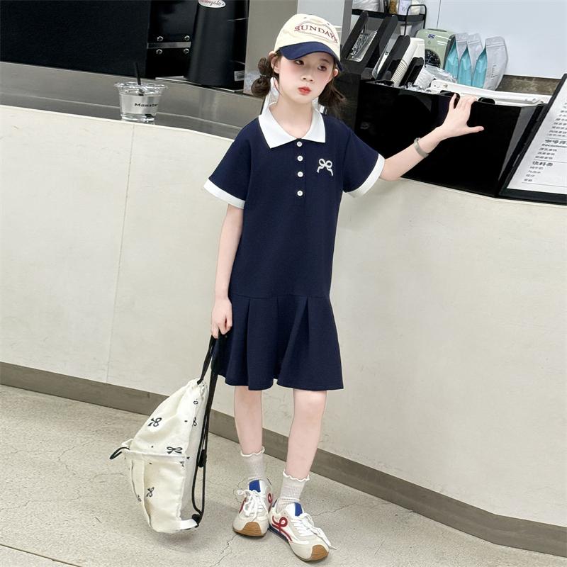 Girls' Short Sleeved Polo Shirt Dress Summer Dress 2026 New Style for Children, Middle-aged and Young Girls, Summer College Style