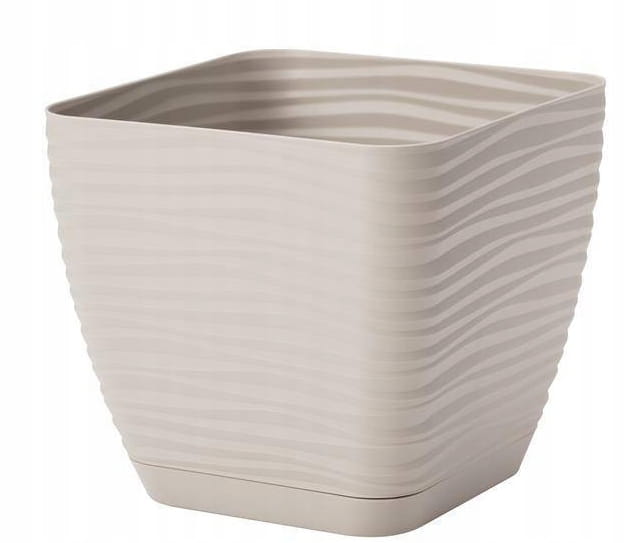 Hellgrauer Kunststoff-Blumentopf mit Untersetzer, 107x10cm quadratisch