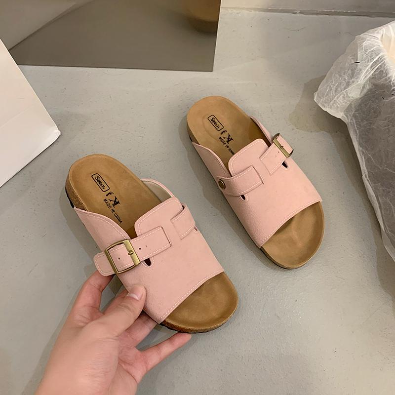 Summer New Sandals Women Round Head Open Toe Suede Metal Buckle Anti-slip Wear-resistant Flat Slippers