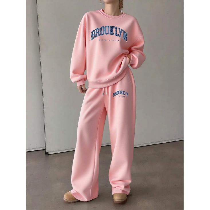 Bedrucktes Damen-2-Teile-Set: Rundhals-Sweatshirt & Hose mit Kordelzug und geradem Bein, Herbst/Winter Loungewear