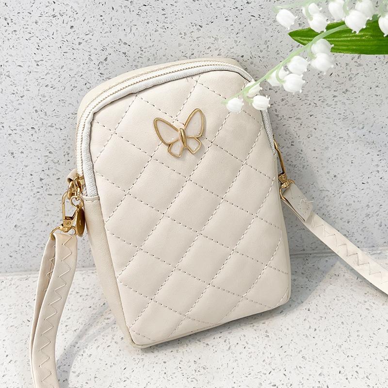 Quilted Mini Crossbody Bag Korean Style Floral Embroidered Phone Purse with Butterfly Detail