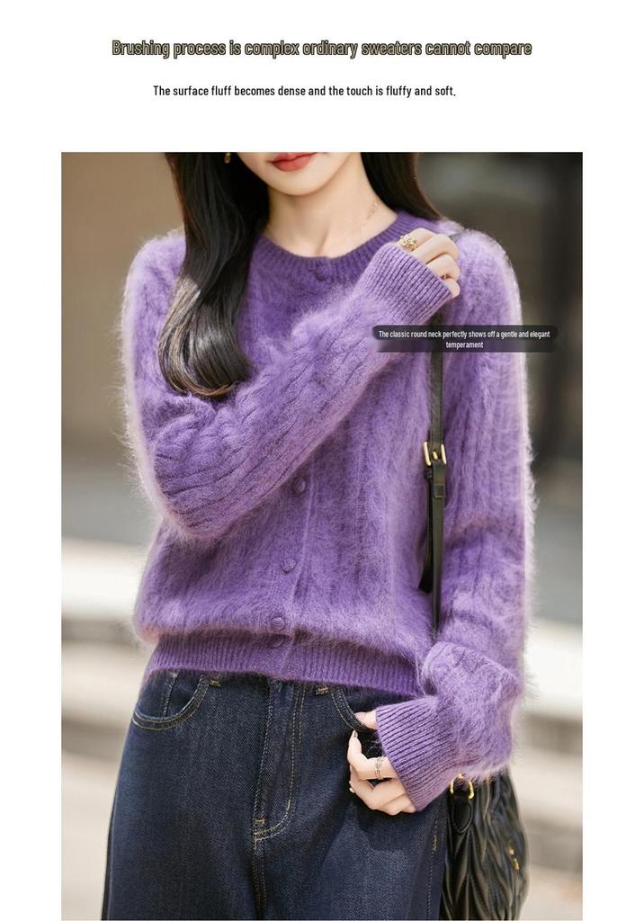 2026 Autumn/Winter Women's Cashmere Wool Cable Knit Cardigan - Brushed Yarn, Round Neck, Long Sleeve Sweater