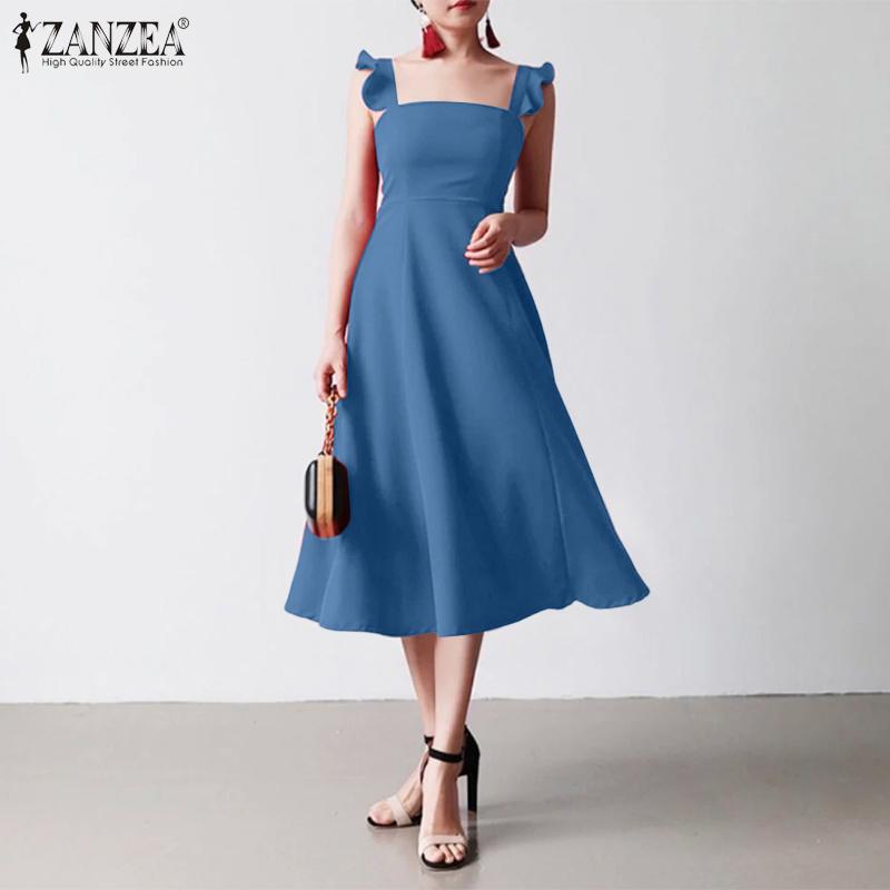 ZANZEA Women Square Collar Summer Casual Sleeveless Dress Holiday