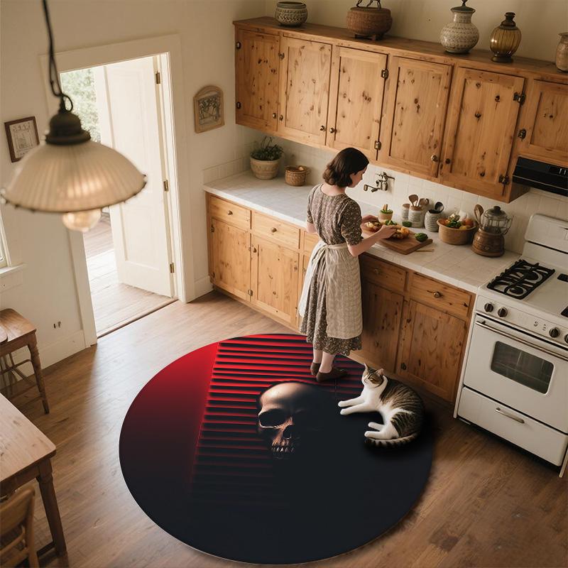 Red and Black Skull,Round Area Rug,Carpet Rug for Living Room Bedroom Sofa Playroom Decor,Non-slip Floor Mat