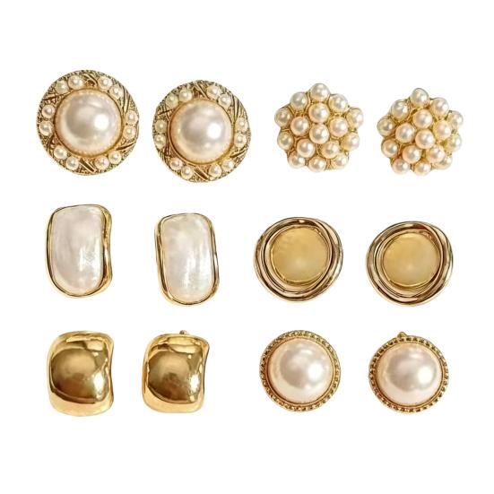 6 Pairs Stud High Earrings Pearls Faux Gloss Imitation Opal Round Square