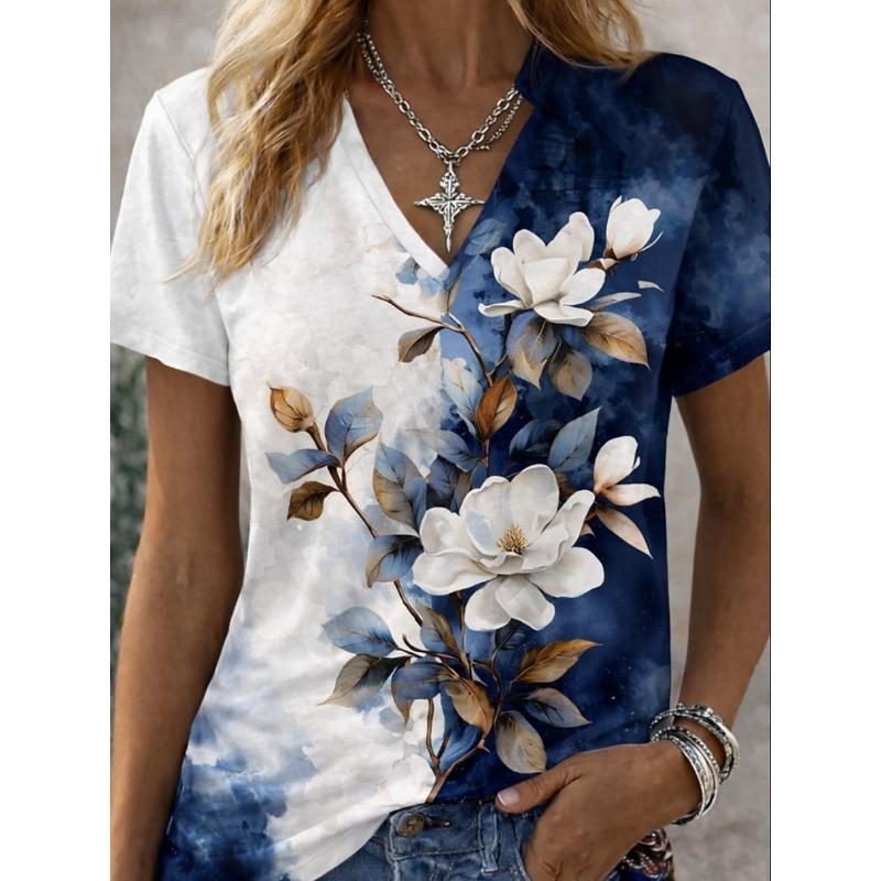 Women's T-Shirt Print Pattern Plant Color Gradient Retro Fashion Classic Short Sleeve V Neck Regular Top Summer Spring
