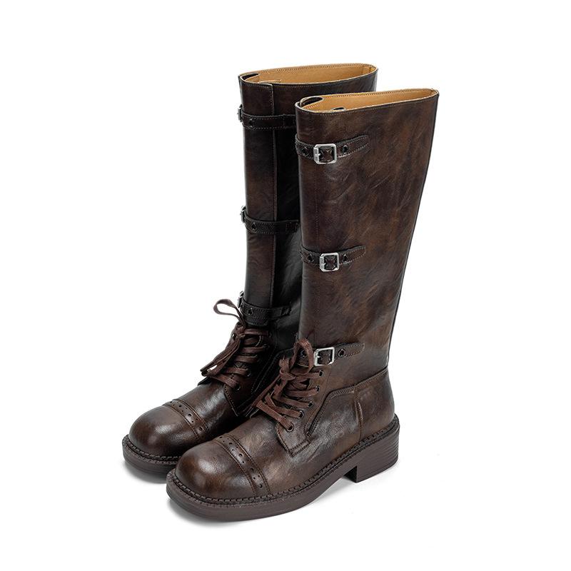 Leather Miu Home Thick-soled Heightening Buckle Boots Women's Autumn and Winter New Maillard Wind Tall Western Knight Boots