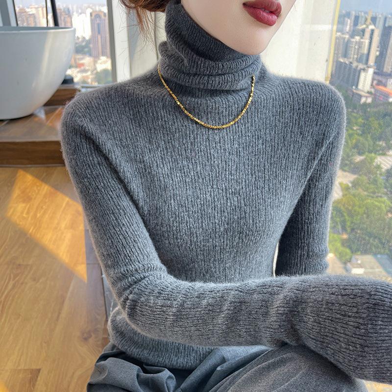 Women's Seamless High Neck Ribbed Knit Wool Sweater - Slim Fit, Textured Base Layer Pullover