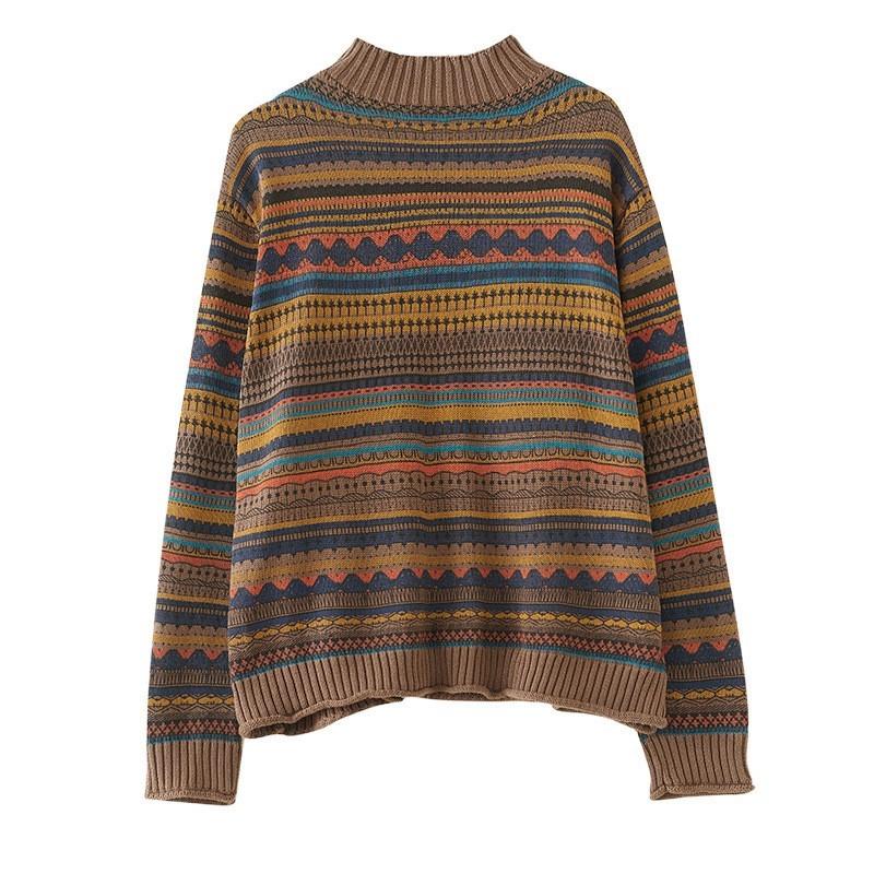 Johnature Casual Pullover Long-sleeve Sweater Half-high Collar Ethnic-style Print Winter Knitted Pullover Women Sweater