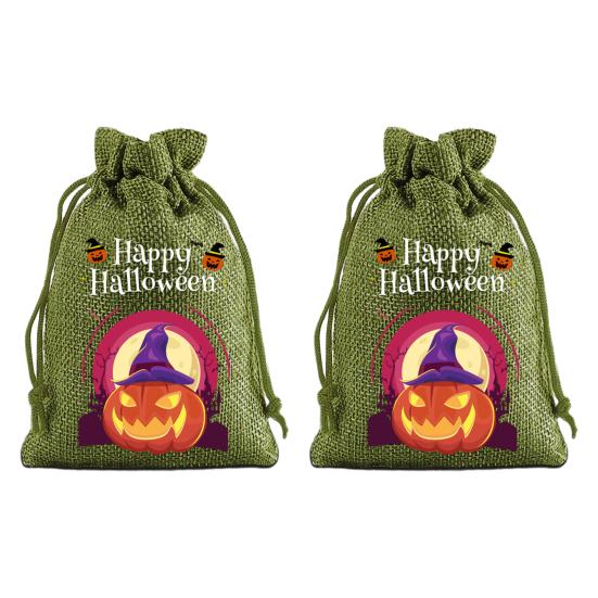 Handmade Style Party Bags 2Pcs Halloween Pumpkin Drawstring for Candy Treats, Retro Burlap Festival Totes Trick or Treat Bags, Portable Goodie