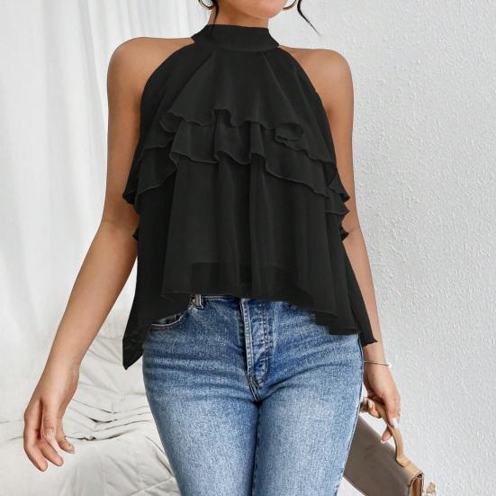 Women Tops Halter Neck Sleeveless Solid Color Pullover Tops Multi Layer Ruffle Hem Commuting Style Short Tops