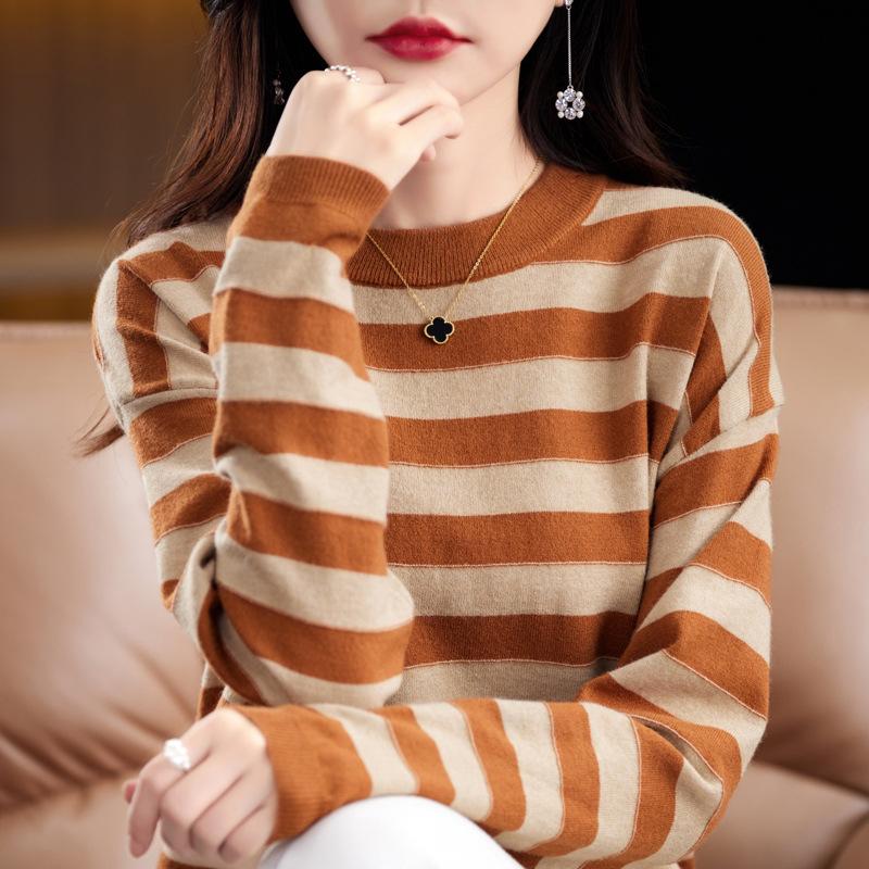 Autumn and Winter Striped Round Neck Sweater for Women Andy Velvet Drop Rotator Sleeve Base Shirt Loose Versatile Pullover Long Sleeve Top