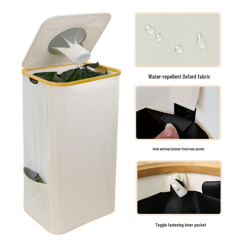 Foldable Bamboo Oxford Cloth Recycling Basket with Lid and Inner Bag