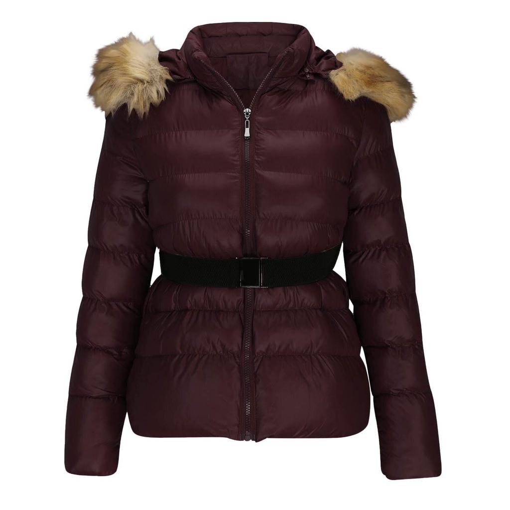 Giacca invernale da donna, nuova moda casual slim in cotone con collo in pelliccia sintetica e cappuccio, calda giacca con cappuccio in pelle PU con cerniera