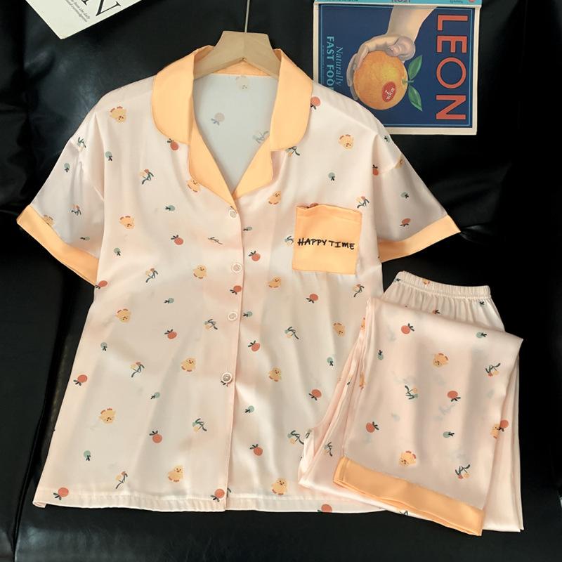 Cartoon Floral Print Pajamas Women S Ice Silk Comfortable Short-Sleeved Loungewear Set M