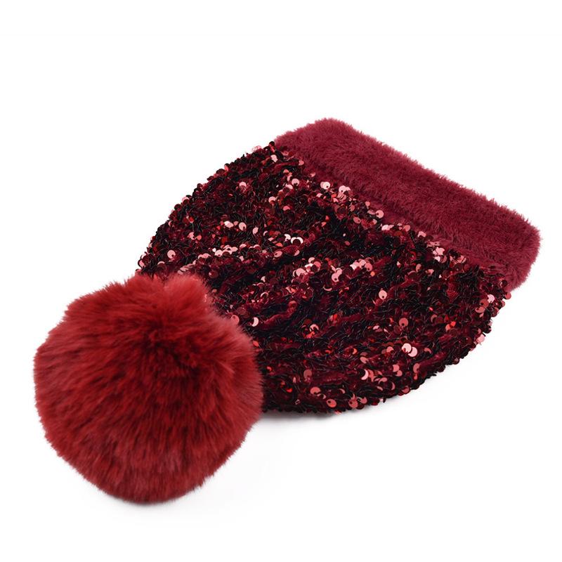 Gestrickte Beanie-Mütze mit Pailletten und großem Kunstfell-Pompon für Damen, Wintermütze