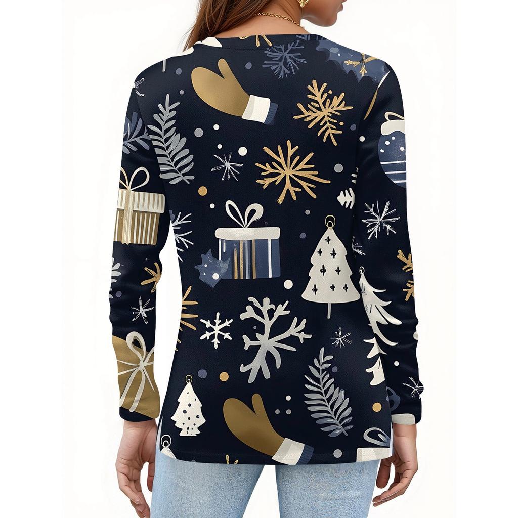 Mote Dame Casual Sliss Hem Rund Hals Langermet Løs Juleprintet T-skjorte Damer Topp
