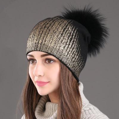 Warm Wool Knitted Hat Women's Winter Hot Gold Sliver Raccoon Ball Cap