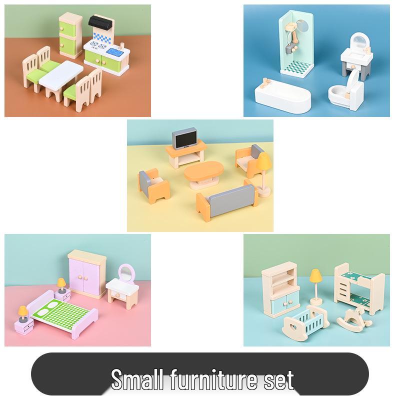 Children's Wooden Dollhouse Furniture Set - Mini Sofa & Bed Props