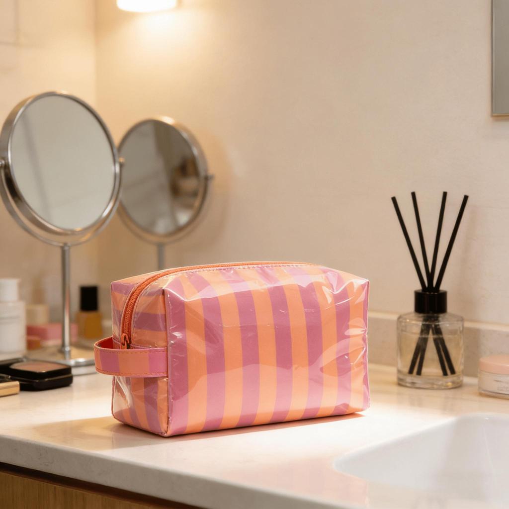 Striped Toiletry Bag Women's Travel Cosmetic Storage Bag Portable Casual Makeup Organizer for Business Trip
