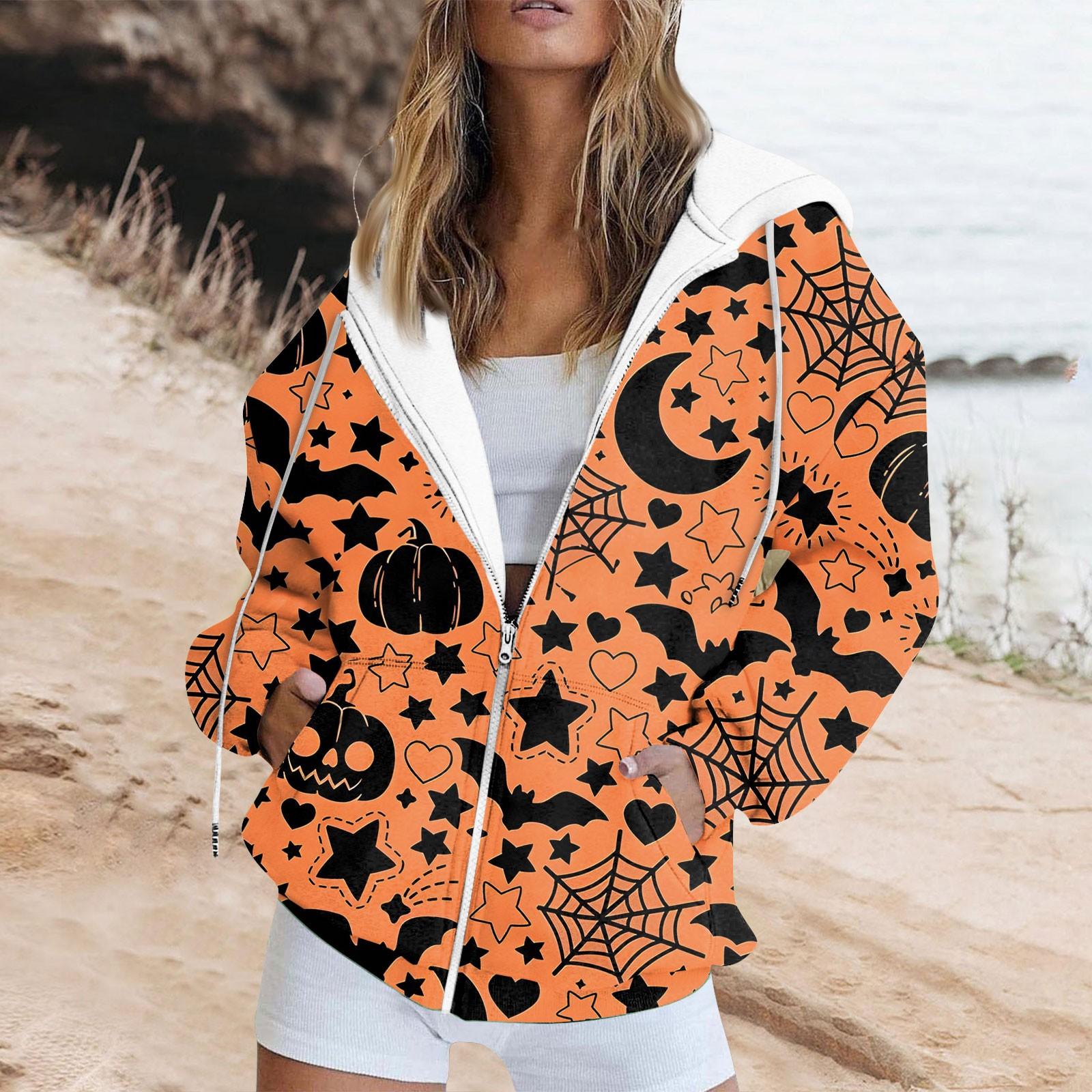 

Женская толстовка с длинным рукавом и принтом на Хэллоуин, куртка с капюшоном и карманом на молнии XL шафрановый