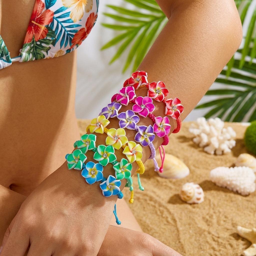 Bohemian Polymer Clay Frangipani Flower Woven Bracelet for Women Stackable Floral Braided Rope Chain Beach Party Jewelry Gift