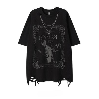 Jersey Vintage Roto para Mujer Moda Primavera Otoño Oversize Hip Hop Camiseta Tops Streetwear Punk Y2K Chica Camiseta Estampada Rosa