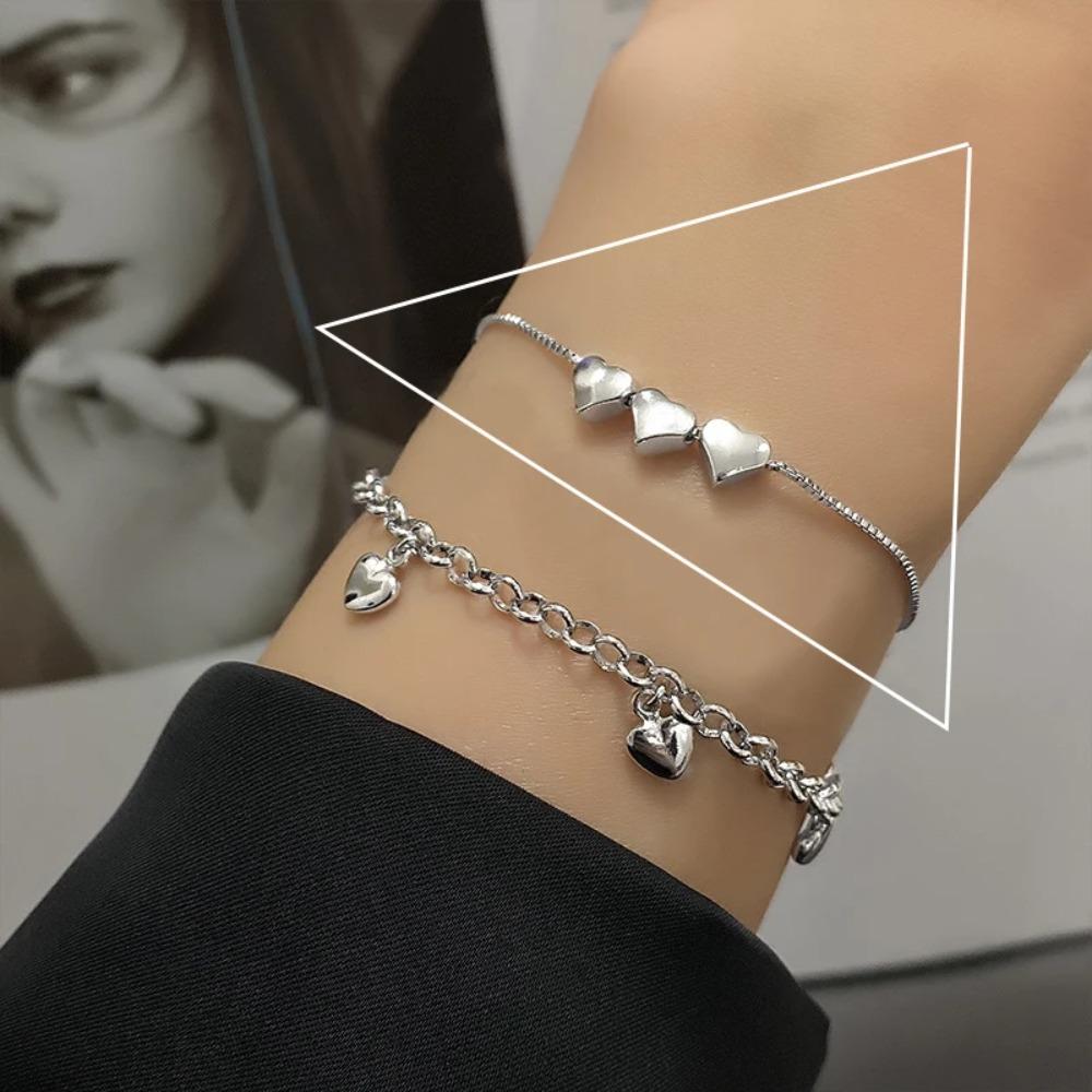 925 Silver Double Love Heart Hollow Beads Bracelet Adjustable Romantic Jewelry for Women Fashion Classic