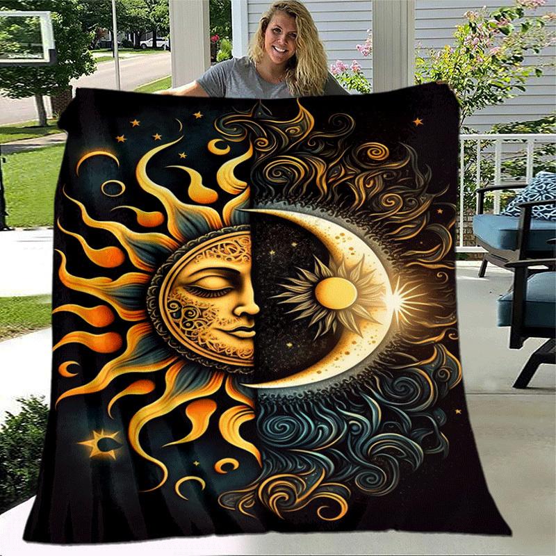 1pc Sun Moon Printing Lightweight Flannel Blanket, Comfortable and Warm Blanket, for Camping Sofa Bed and Couch Office, in All Seasons