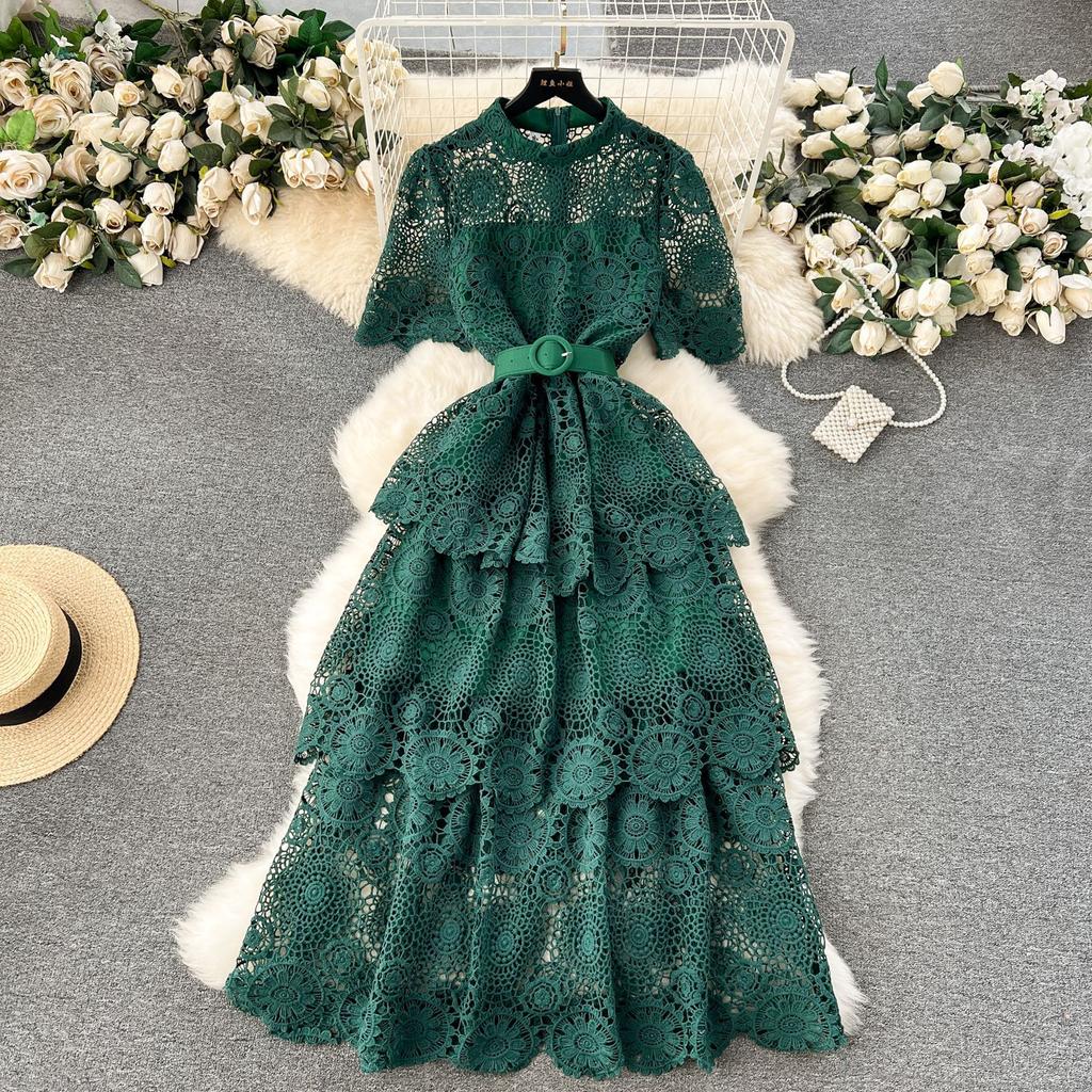 Summer Hollow Out Ruffles Lace With Belt Patchwork Dress High Waist Vestidos Sweet Style Women's Dresses Autumn Spring