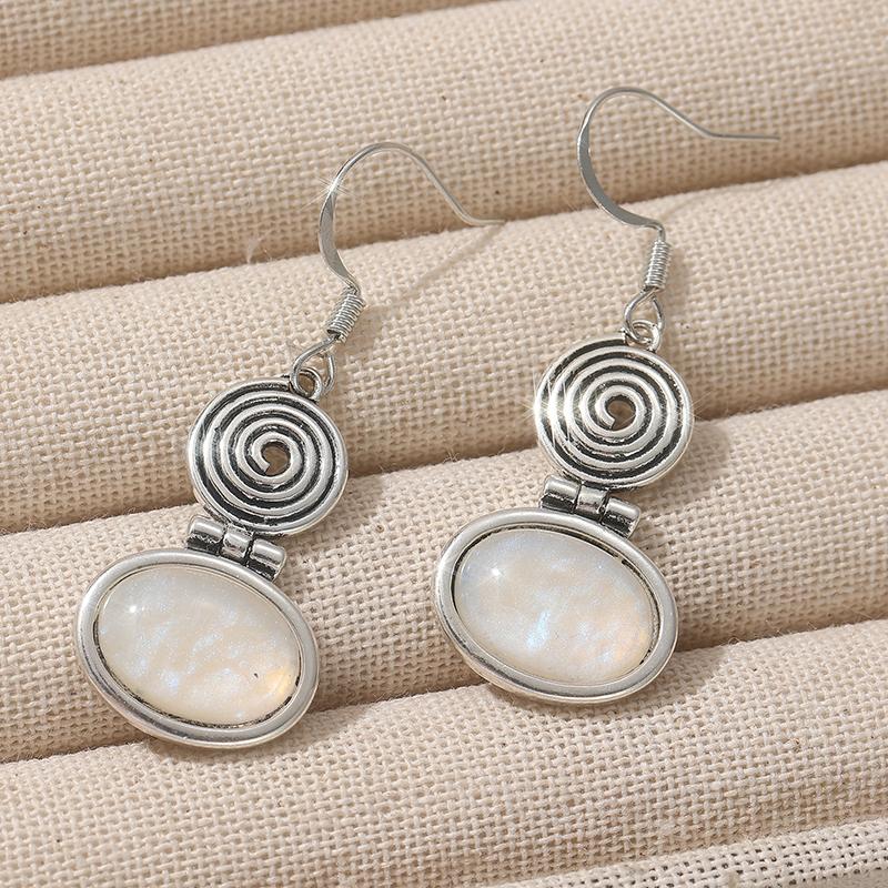 Vintage Posrebrzane Geometryczne Spiralne Kolczyki Wiszące z Kamieniem Księżycowym Damskie Eleganckie Codzienne Wszechstronne Akcesoria Biżuteria Prezenty