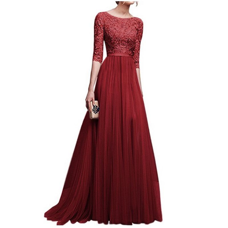 

Women s Solid Color Evening Dress Long Dress Mesh Burgundy S