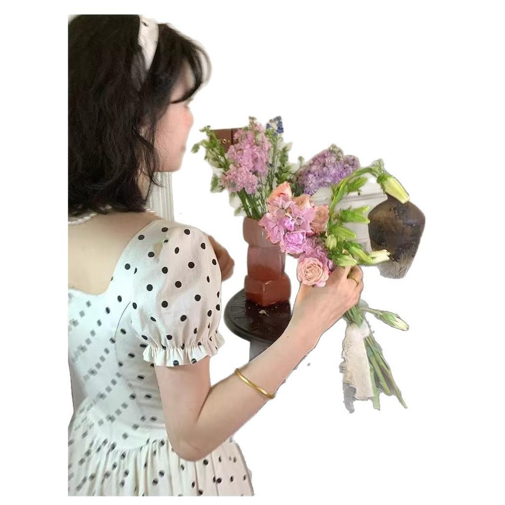 French retro apricot polka dot dress women's print short-sleeved large-size popular summer waist and thin dress