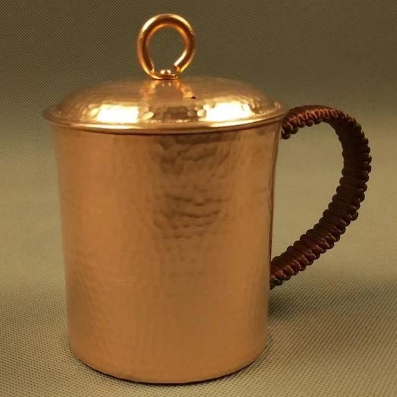Vintage čistá měď Moscow Mule Hrneček na kávu, S víčkem Vyrytá kladívková textura Odolný Pivo 500 ml Termoska Tkaná rukojeť Šálek na čaj