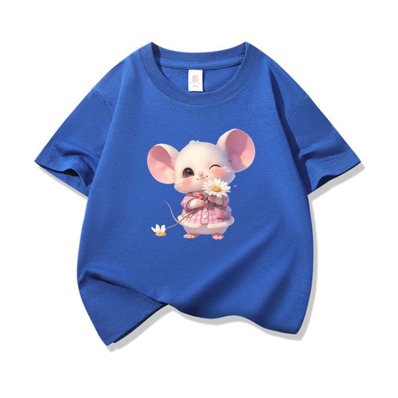 Kids Cotton T Shirt Little Mouse With Daisy Flower Print Crew Neck Short Sleeve Tee Casual Boys Girls Summer Tops