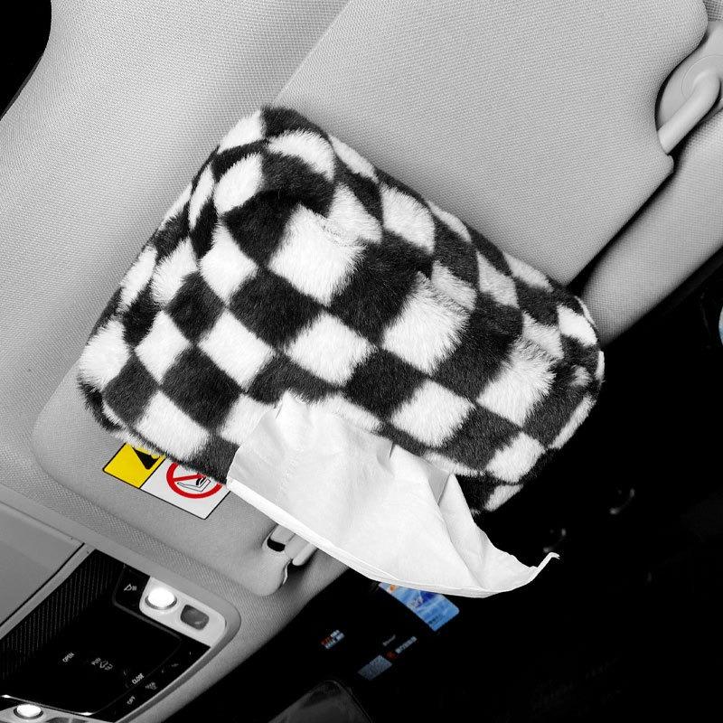 Cute Chessboard Grid Plush  Car Headrest Tissue Box Case Paper Tower Holder Auto Visor Hanging Organizer Styling Car Accessories