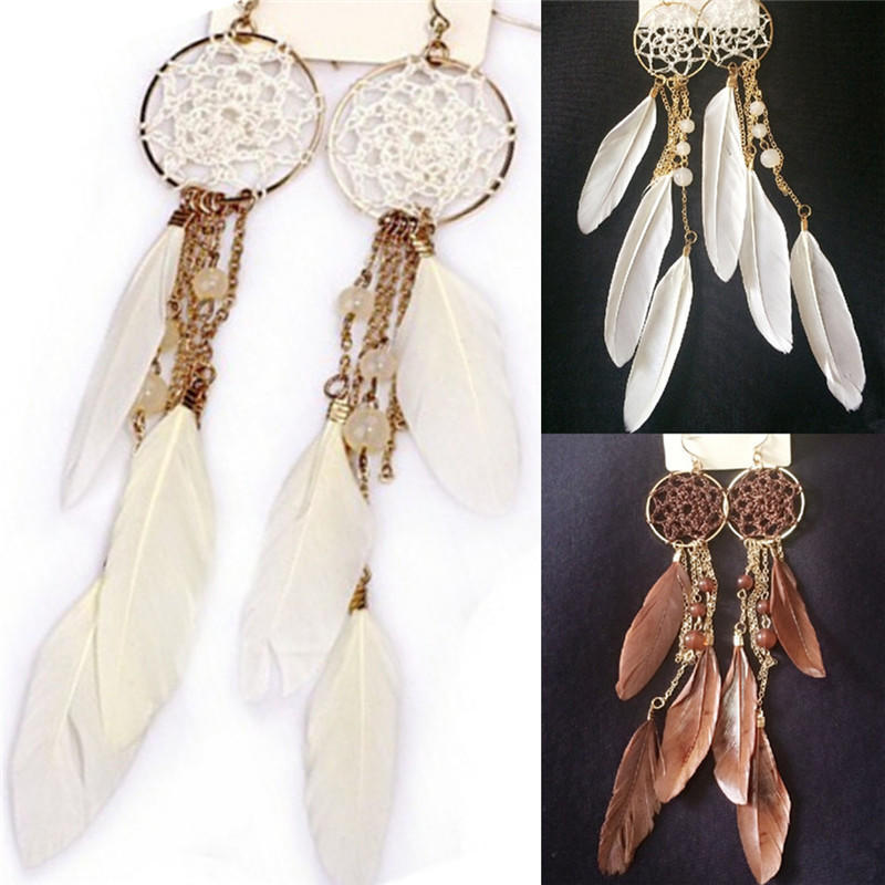 New Bohemia Ethnic Feather Beads Long Design Dream Catcher Earrings For Women