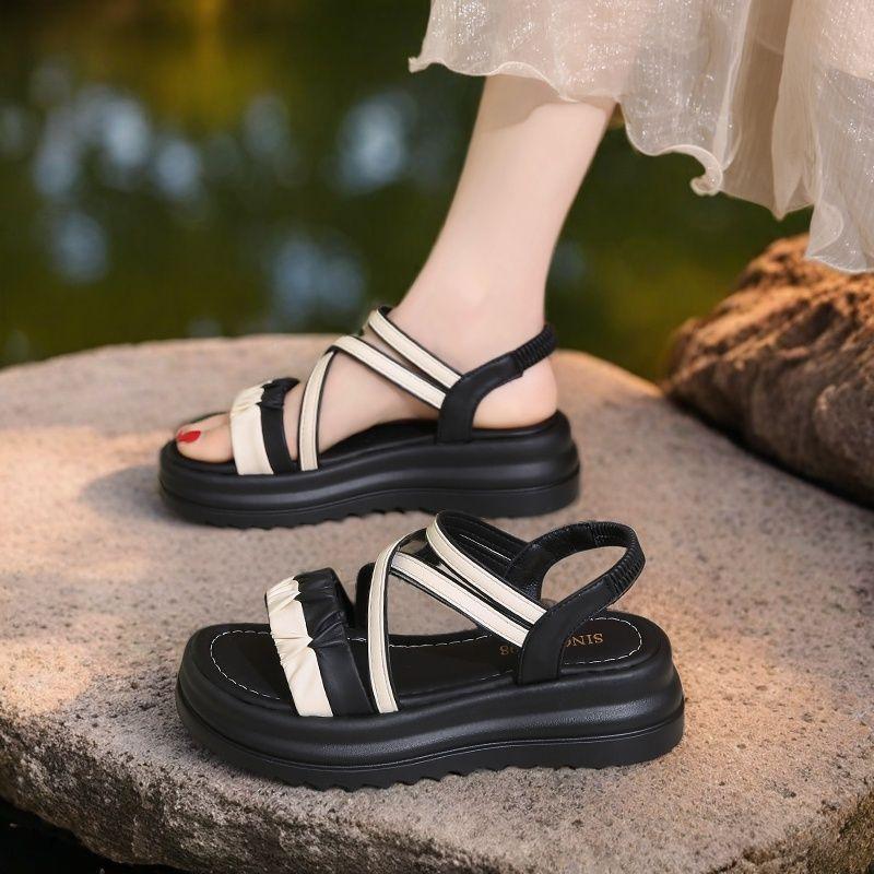 Platform Woven Sandals Slimming Versatile, Breathable Non-slip Women's Shoes Casual Wear, Elastic Band Beach Shoes