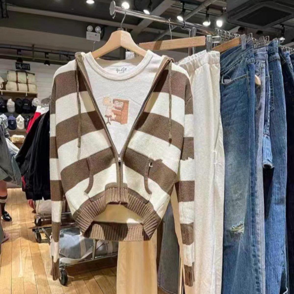 

Полосатый вязаный укороченный кардиган-свитер женский осенний с длинным рукавом, капюшоном и молнией, короткий, уличная одежда, трикотаж, свитера, Y2K, кроп-топы One Size