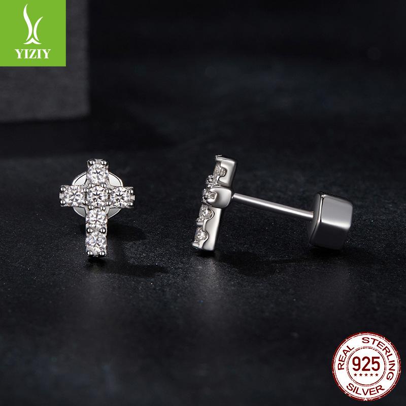Cross Diamond Moissanite Stud Earrings Women'S Cross-Border Trend 925 Sterling Silver Shine Stud Earrings