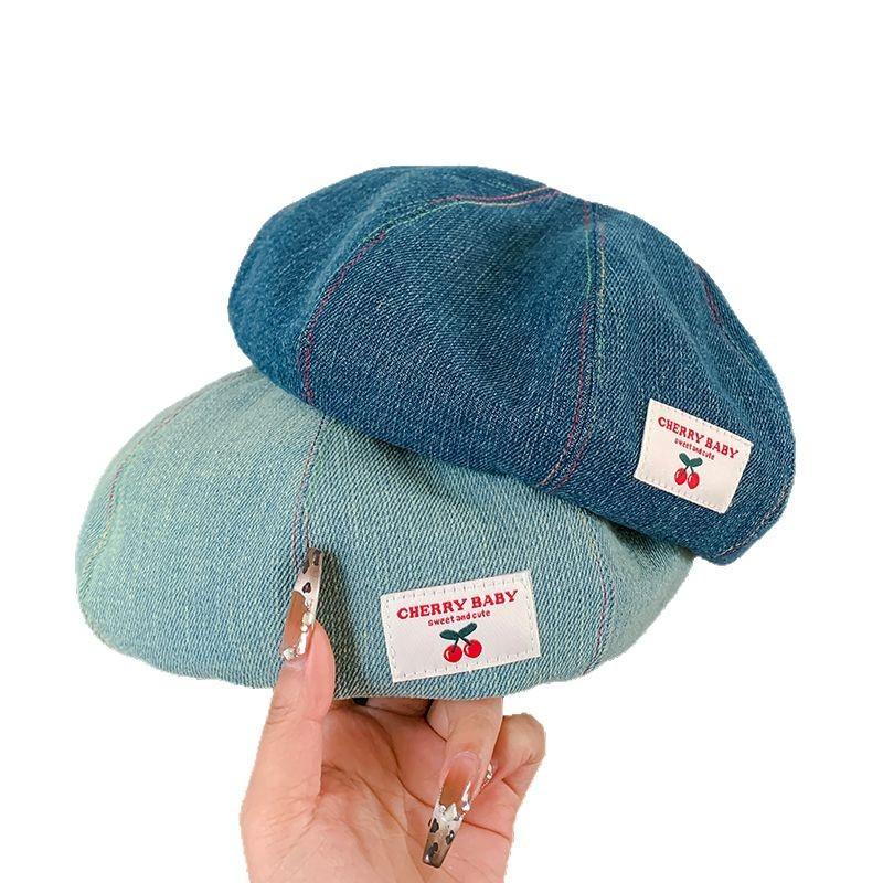 Vintage Cherry Patch Denim Beret Children Spring and Summer Versatile Octagonal Hat Show Face Little Painter Hat
