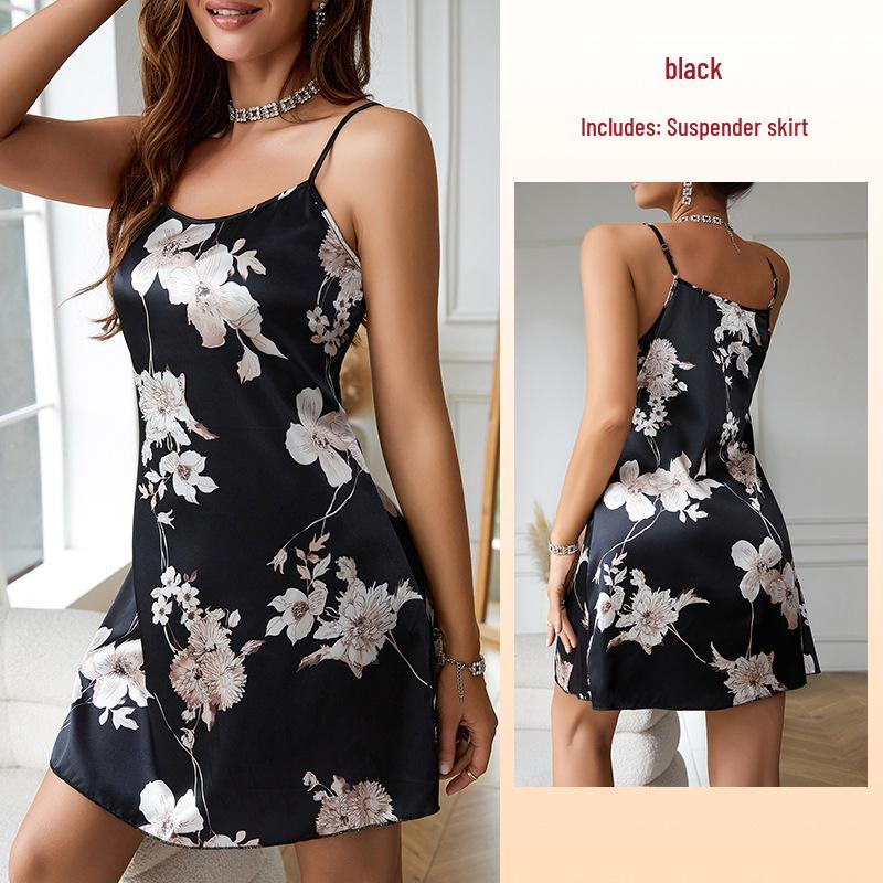 

Feiyun Французский ледяной шелк Сексуальная ночная сорочка с цветочным принтом Пижама Large чёрный