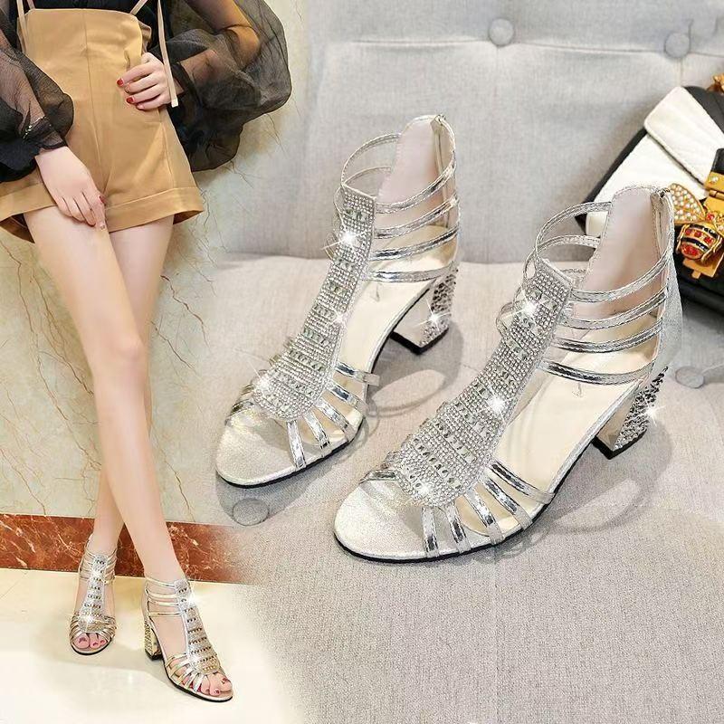 Women's Sandals Peep Toe Chunky Heels Silver Women Wedding Shoes Ankle Boots Sandal Open Toe High Heels Dress Gold Bling Pump