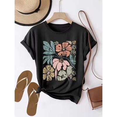 Damen T-Shirt mit floralem Grafik-3D-Druck, lässiges Rundhals-Kurzarm-Top aus Strickstoff, normale Länge, Ganzjahres-Modekleidung