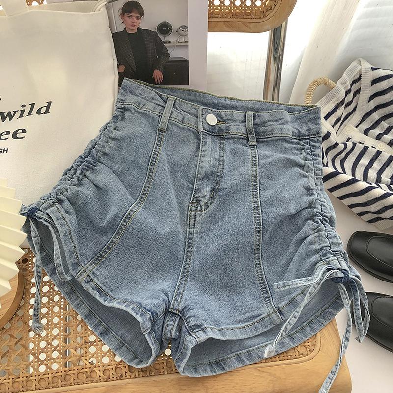 Comfortable Skinny Fashionable and Versatile Drawstring Tie Denim Shorts Female Summer Straight High Waist Elastic Slim A-line Wide Leg Pants