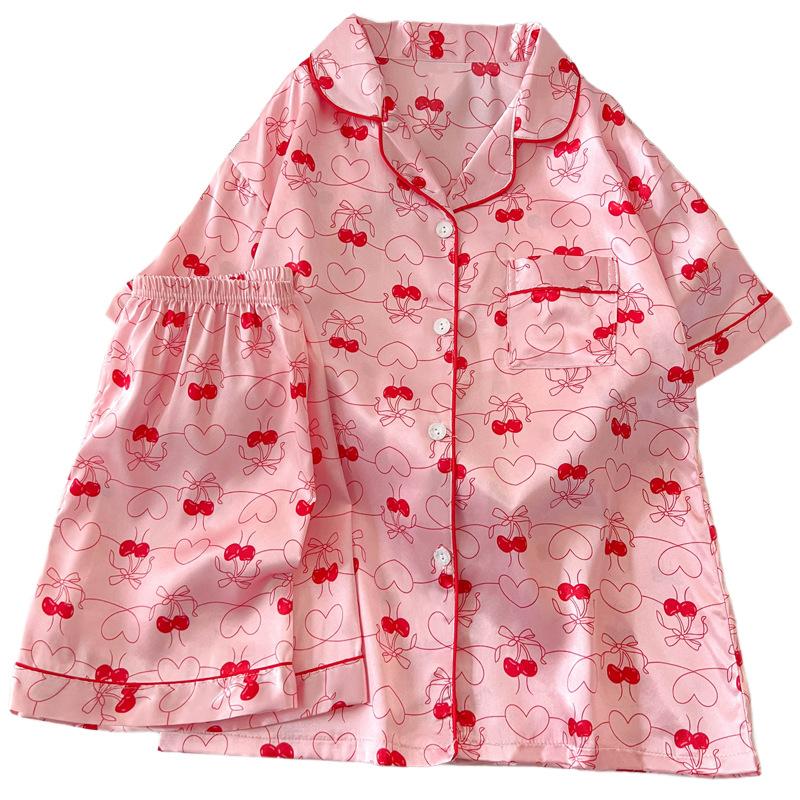 Love High-End Ice Silk Pajamas Women'S Summer Thin Short-Sleeved Sweet Loungewear Set